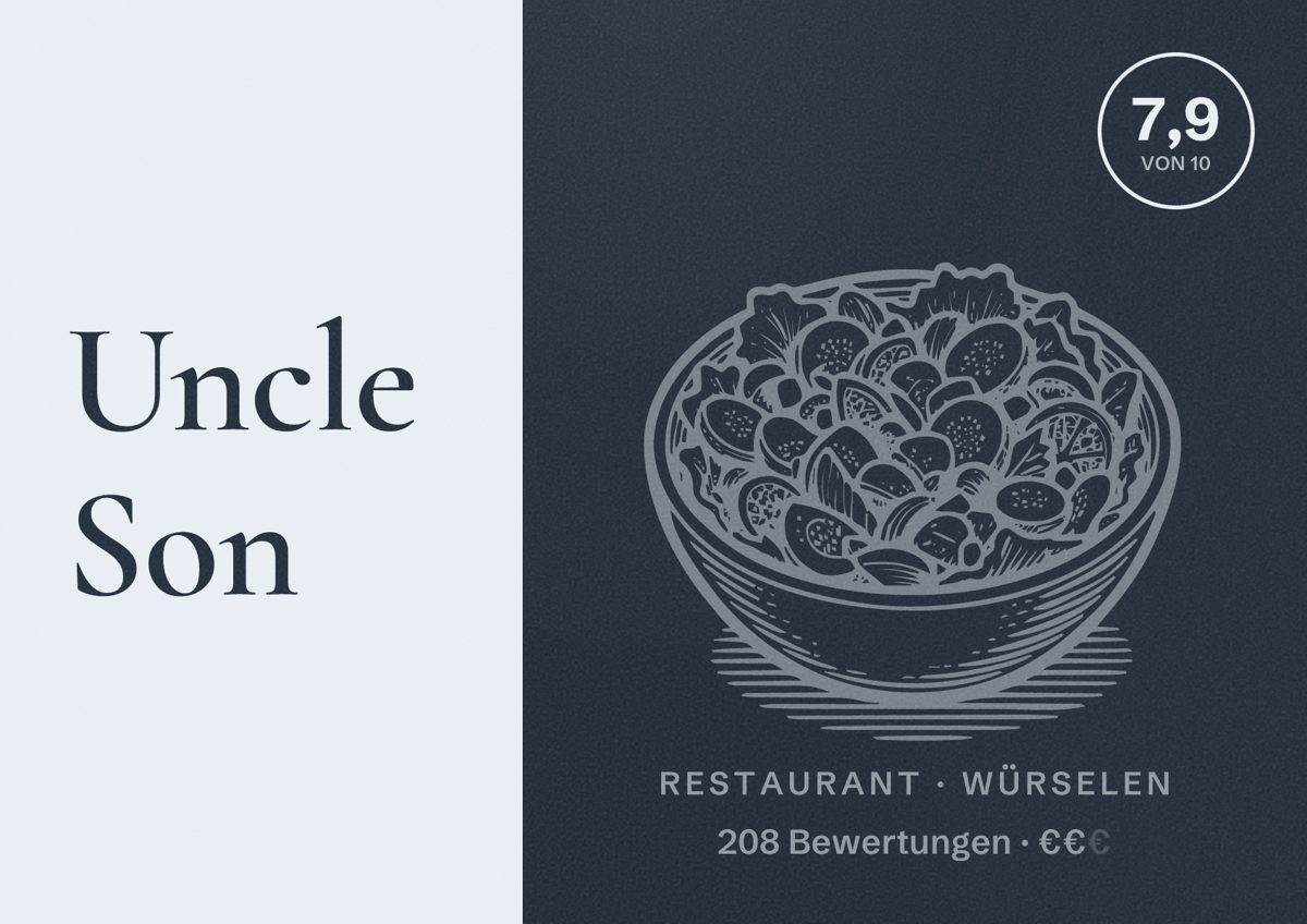 Illustriertes Poster von Uncle Son, Restaurant in Würselen: Bewertung 7,9 von 10 aus 208 Bewertungen, Preisniveau €€