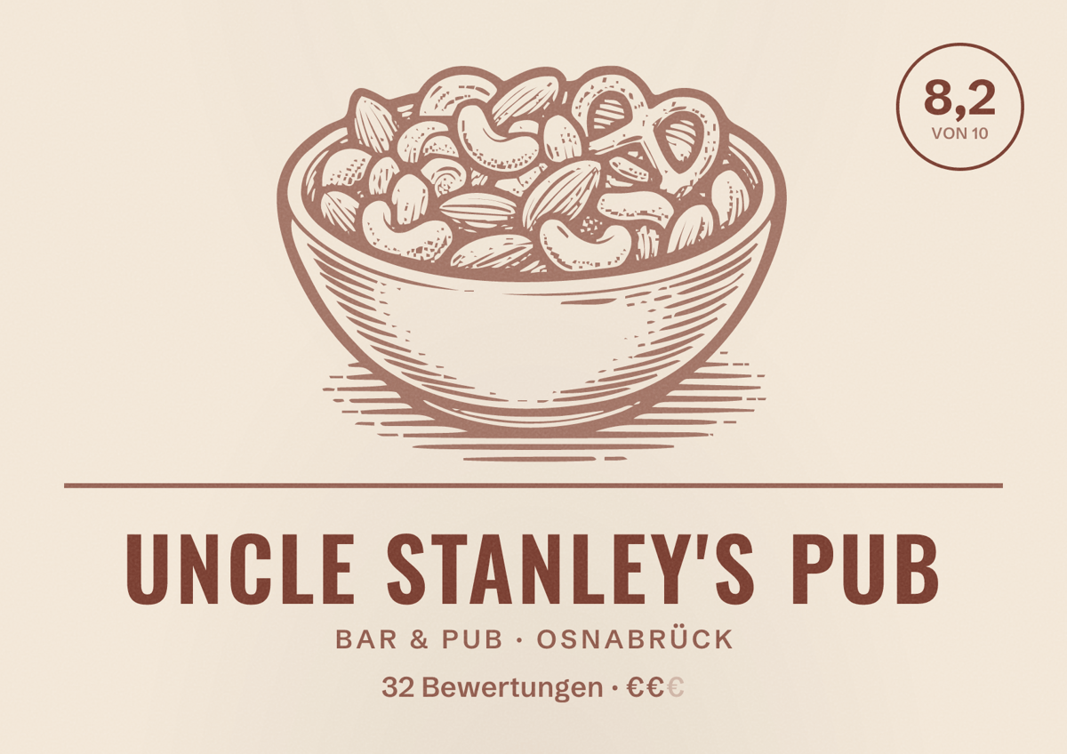 Illustriertes Poster von Uncle Stanley's Pub, Bar & Pub in Osnabrück: Gästebewertung 8,2 von 10 aus 32 Bewertungen