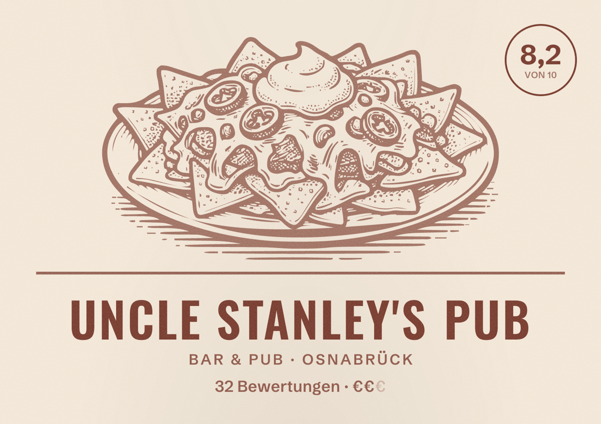 Illustriertes Poster von Uncle Stanley's Pub, Bar & Pub in Osnabrück: Bewertung 8,2 von 10 aus 32 Bewertungen, Preisniveau €€