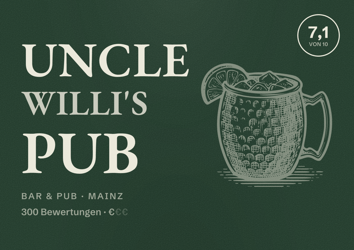 Illustriertes Poster von Uncle Willi's Pub, Bar & Pub in Mainz: Bewertung 7,1 von 10 aus 300 Bewertungen, Preisniveau €