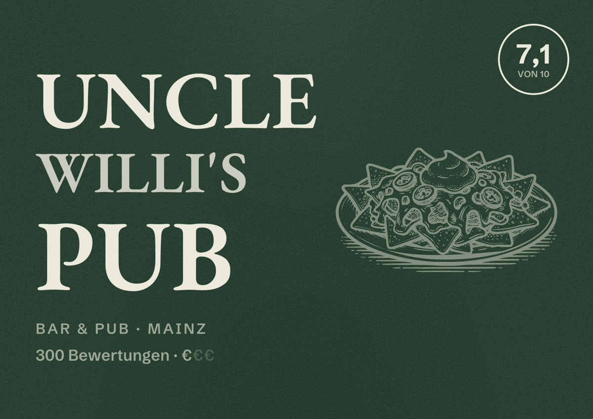 Illustriertes Poster von Uncle Willi's Pub, Bar & Pub in Mainz: Bewertung 7,1 von 10 aus 300 Bewertungen, Preisniveau €