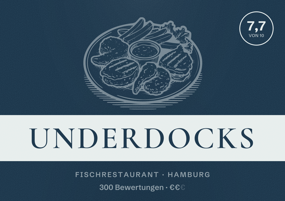 Illustriertes Poster von UNDERDOCKS, Fischrestaurant in Hamburg: Bewertung 7,7 von 10 aus 300 Bewertungen, Preisniveau €€