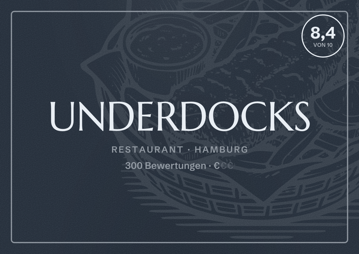 Illustriertes Poster von UNDERDOCKS, Restaurant in Hamburg: Bewertung 8,4 von 10 aus 300 Bewertungen, Preisniveau €