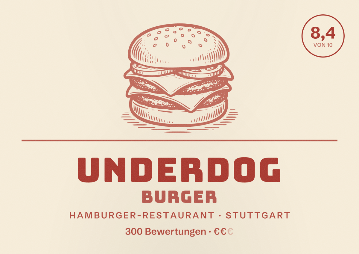 Illustriertes Poster von Underdog Burger, Hamburger-Restaurant in Stuttgart: Bewertung 8,4 von 10 aus 300 Bewertungen, Preisniveau €€