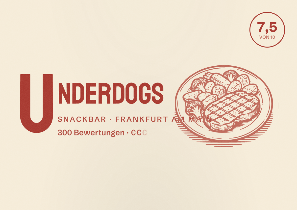 Illustriertes Poster von Underdogs, Snackbar in Frankfurt am Main: Bewertung 7,5 von 10 aus 300 Bewertungen, Preisniveau €€