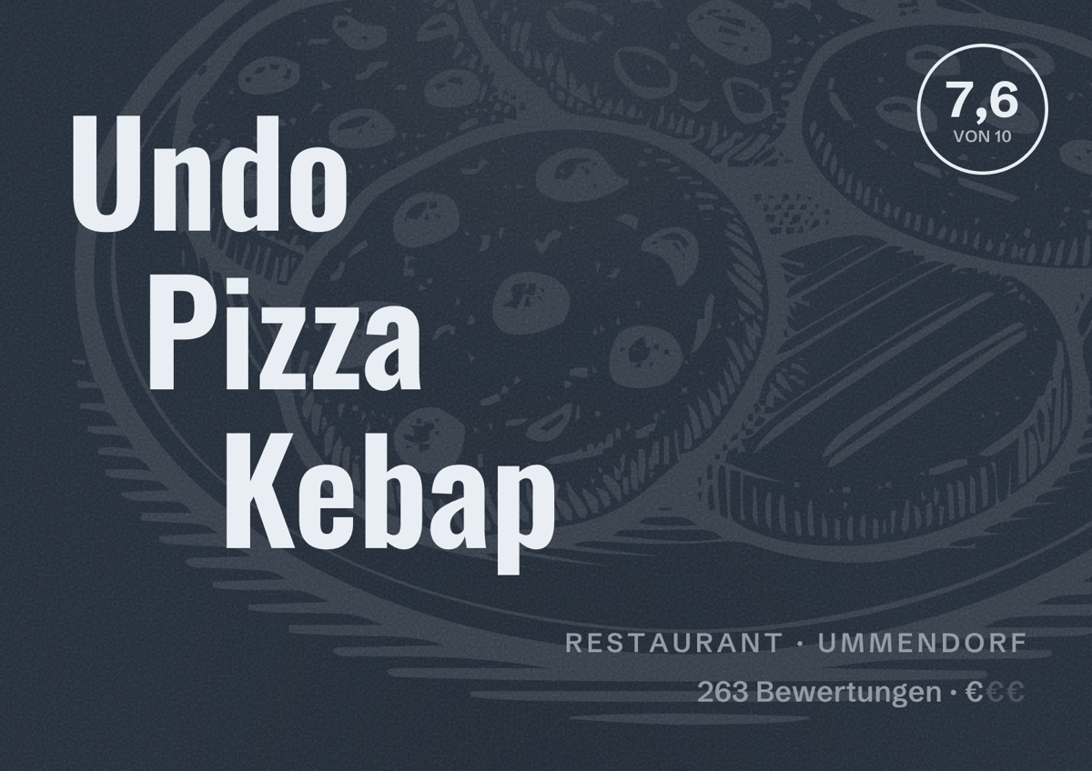 Illustriertes Poster von Undo Pizza Kebap, Restaurant in Ummendorf: Bewertung 7,6 von 10 aus 263 Bewertungen, Preisniveau €