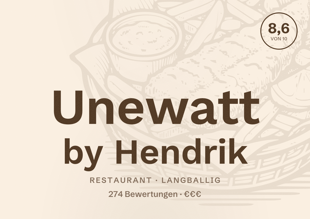 Illustriertes Poster von Unewatt by Hendrik, Restaurant in Langballig: Bewertung 8,6 von 10 aus 274 Bewertungen, Preisniveau €€€