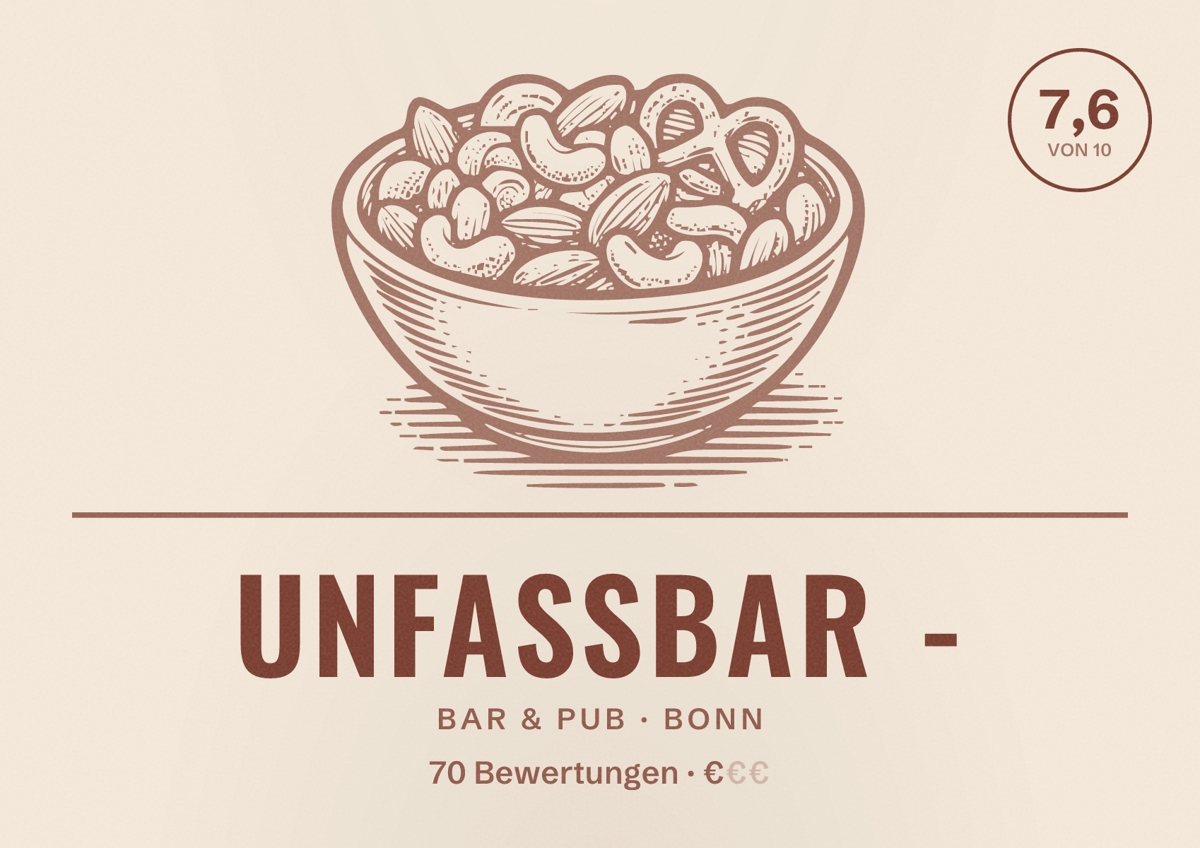 Illustriertes Poster von UnFassBar -, Bar & Pub in Bonn: Bewertung 7,6 von 10 aus 70 Bewertungen, Preisniveau €