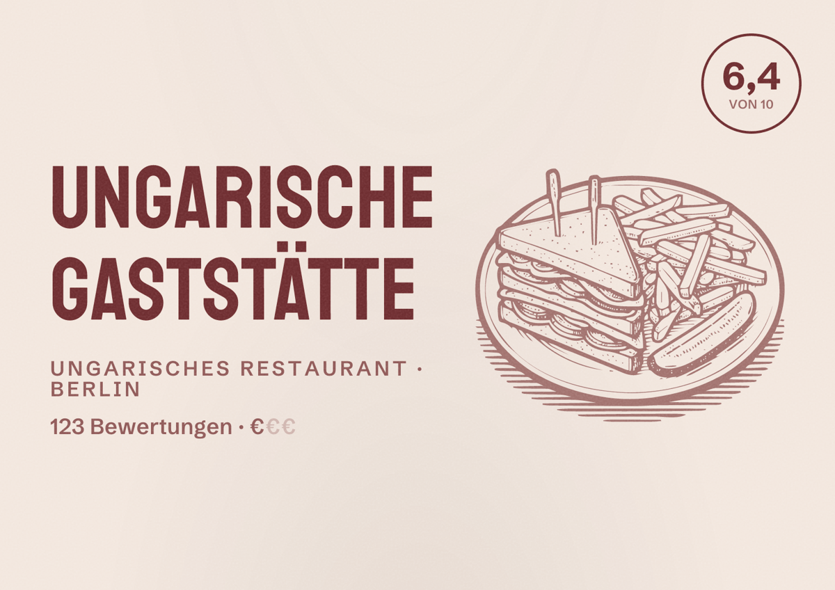 Illustriertes Poster von Ungarische Gaststätte, Ungarisches Restaurant in Berlin: Bewertung 6,4 von 10 aus 123 Bewertungen, Preisniveau €