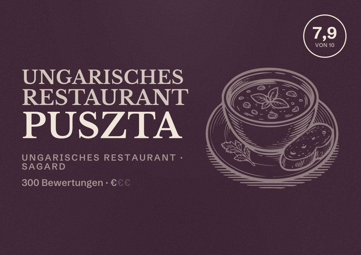 Illustriertes Poster von Ungarisches Restaurant Puszta, Ungarisches Restaurant in Sagard: Bewertung 7,9 von 10 aus 300 Bewertungen, Preisniveau €