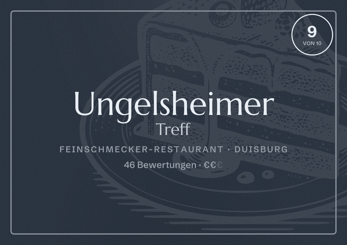 Illustriertes Poster von Ungelsheimer Treff, Feinschmecker-Restaurant in Duisburg: Bewertung 9 von 10 aus 46 Bewertungen, Preisniveau €€