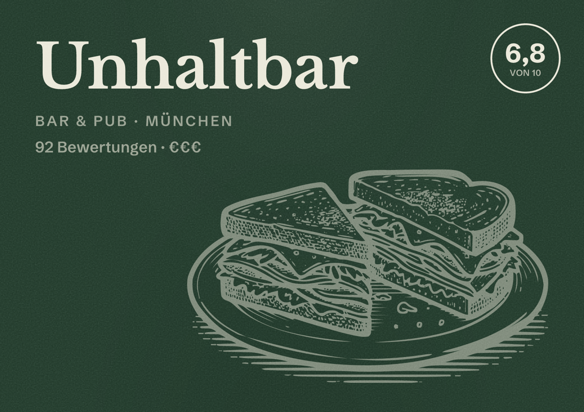 Illustriertes Poster von Unhaltbar, Bar & Pub in München: Bewertung 6,8 von 10 aus 92 Bewertungen, Preisniveau €€€