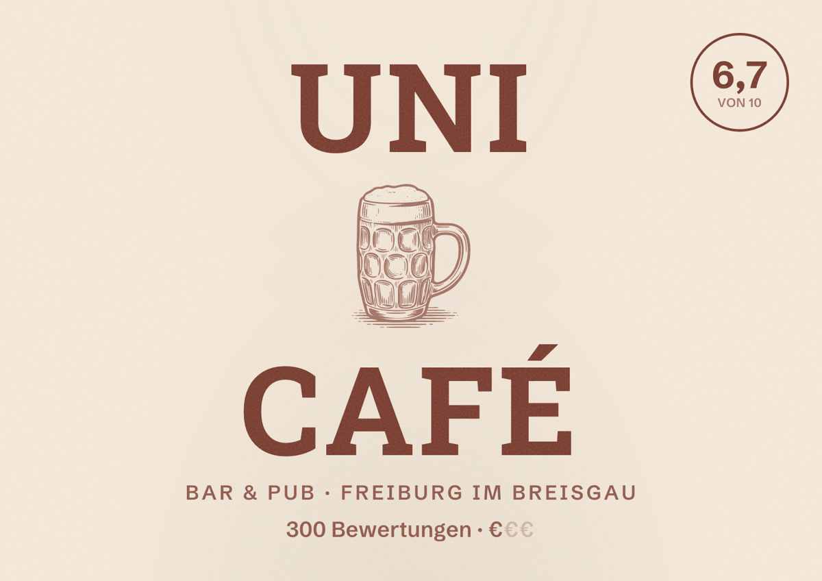 Illustriertes Poster von Uni Café, Bar & Pub in Freiburg im Breisgau: Bewertung 6,7 von 10 aus 300 Bewertungen, Preisniveau €