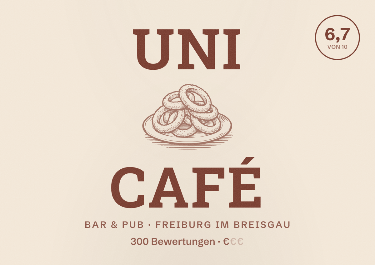 Illustriertes Poster von Uni Café, Bar & Pub in Freiburg im Breisgau: Bewertung 6,7 von 10 aus 300 Bewertungen, Preisniveau €