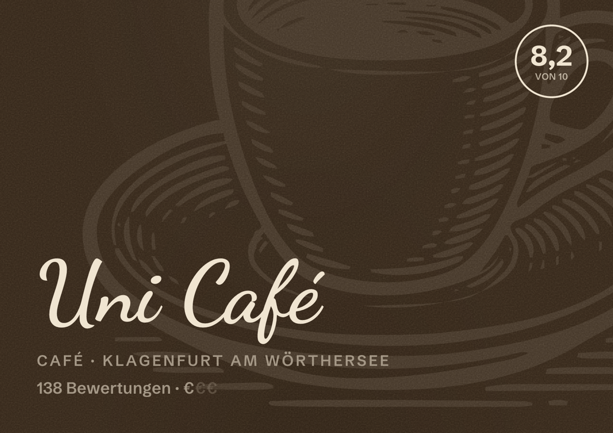 Illustriertes Poster von Uni Café, Café in Klagenfurt am Wörthersee: Bewertung 8,2 von 10 aus 138 Bewertungen, Preisniveau €