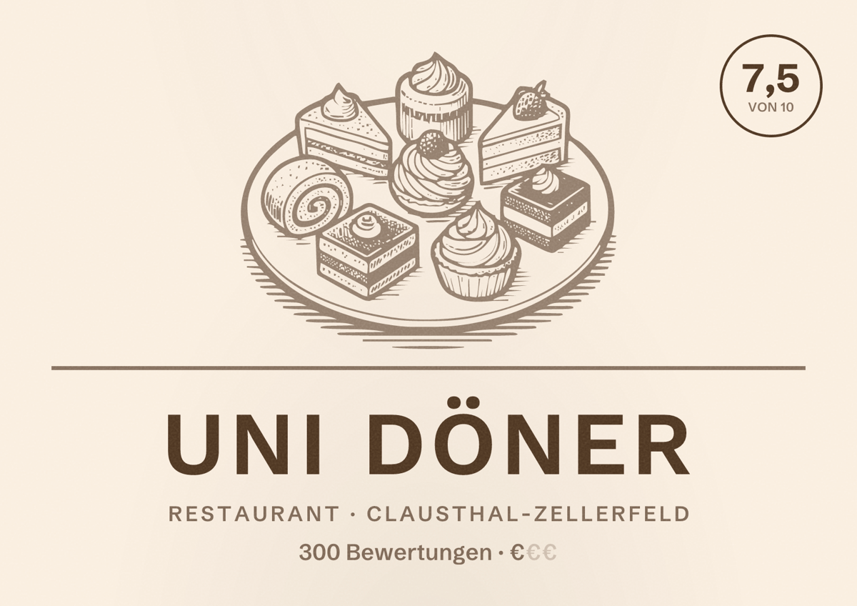 Illustriertes Poster von Uni Döner, Restaurant in Clausthal-Zellerfeld: Bewertung 7,5 von 10 aus 300 Bewertungen, Preisniveau €