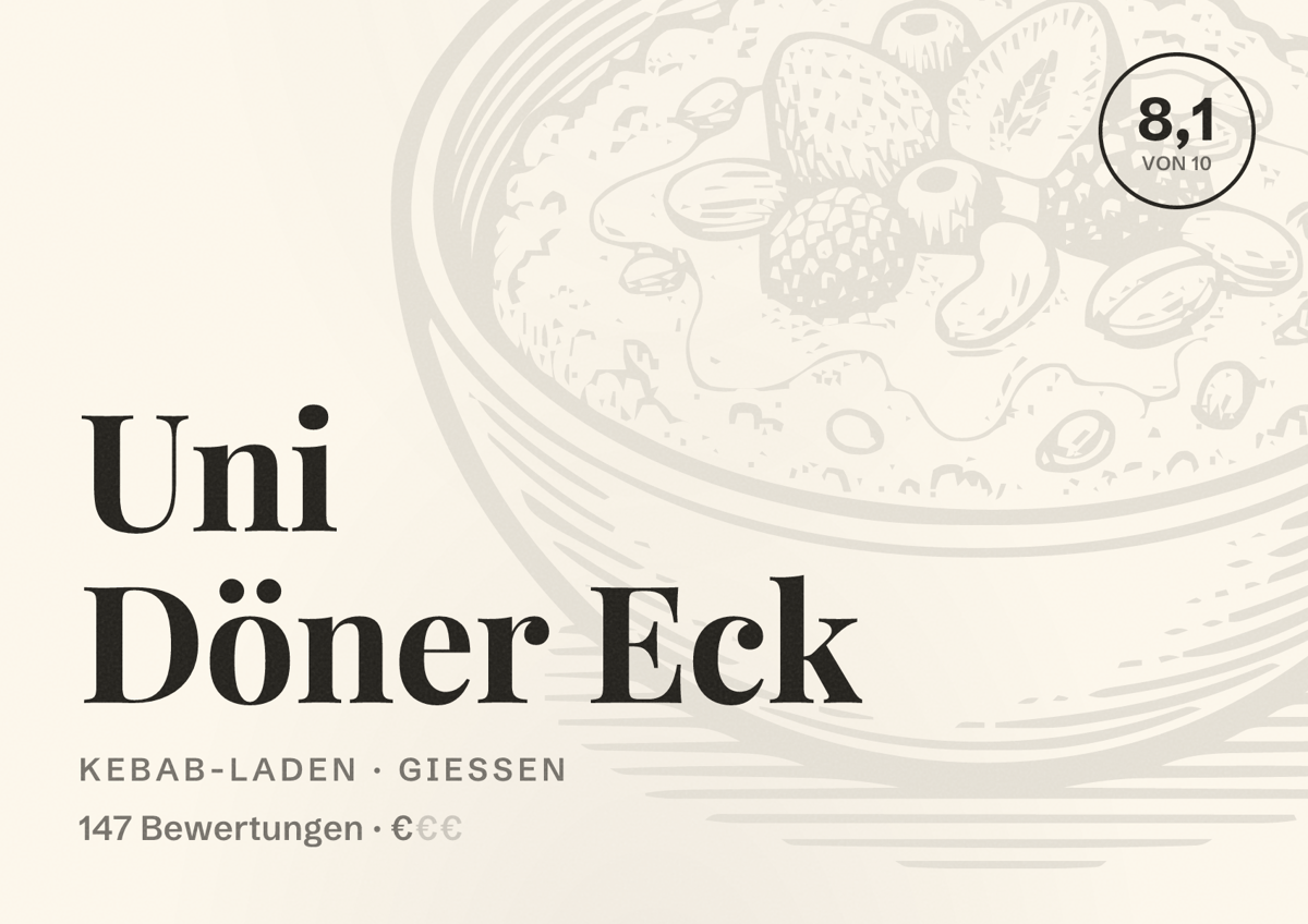 Illustriertes Poster von Uni Döner Eck, Kebab-Laden in Gießen: Bewertung 8,1 von 10 aus 147 Bewertungen, Preisniveau €
