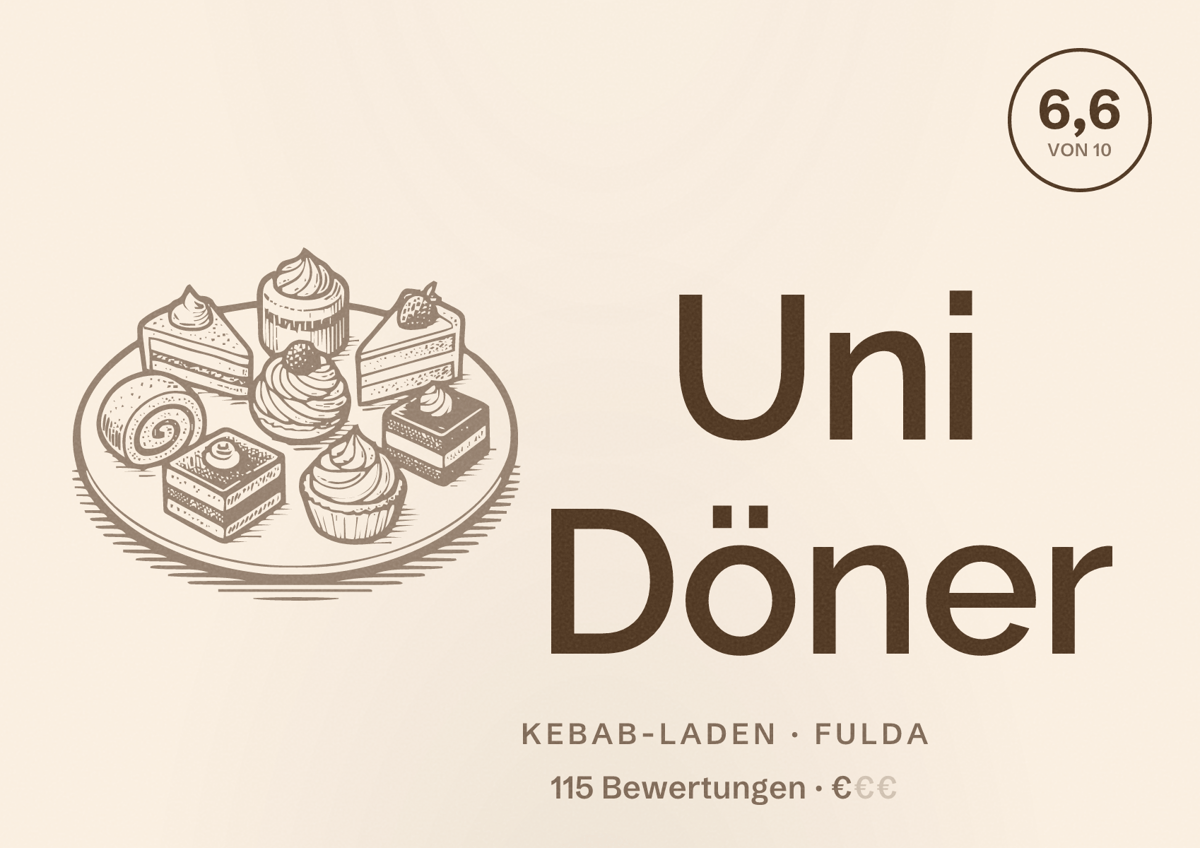 Illustriertes Poster von Uni Döner, Kebab-Laden in Fulda: Bewertung 6,6 von 10 aus 115 Bewertungen, Preisniveau €