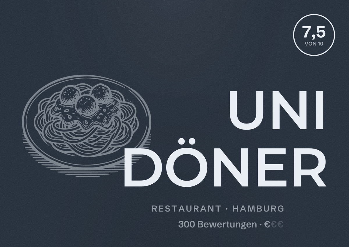 Illustriertes Poster von UNI DÖNER, Restaurant in Hamburg: Bewertung 7,5 von 10 aus 300 Bewertungen, Preisniveau €