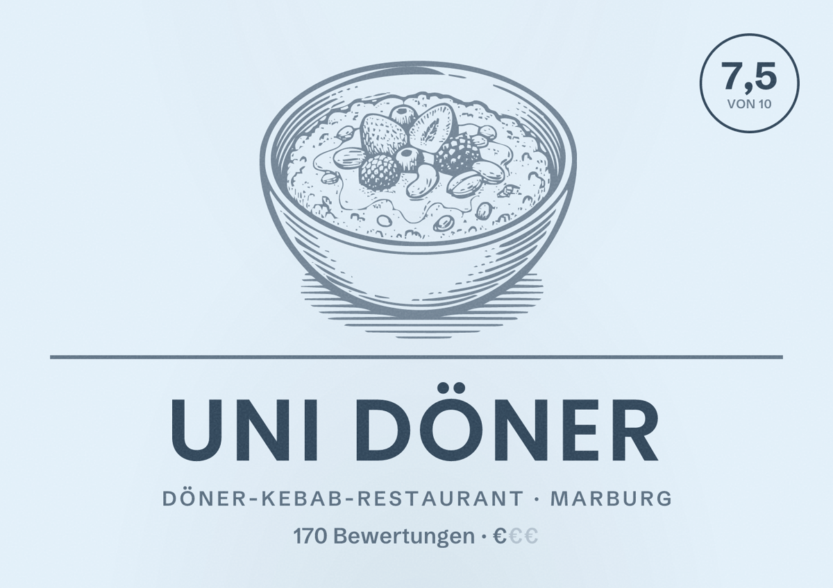 Illustriertes Poster von Uni Döner, Döner-Kebab-Restaurant in Marburg: Bewertung 7,5 von 10 aus 170 Bewertungen, Preisniveau €
