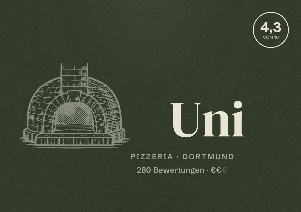 Illustriertes Poster von Uni, Pizzeria in Dortmund: Bewertung 4,3 von 10 aus 280 Bewertungen, Preisniveau €€