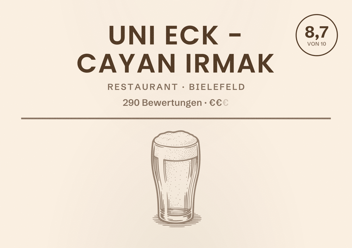 Illustriertes Poster von Uni Eck - Cayan Irmak, Restaurant in Bielefeld: Bewertung 8,7 von 10 aus 290 Bewertungen, Preisniveau €€