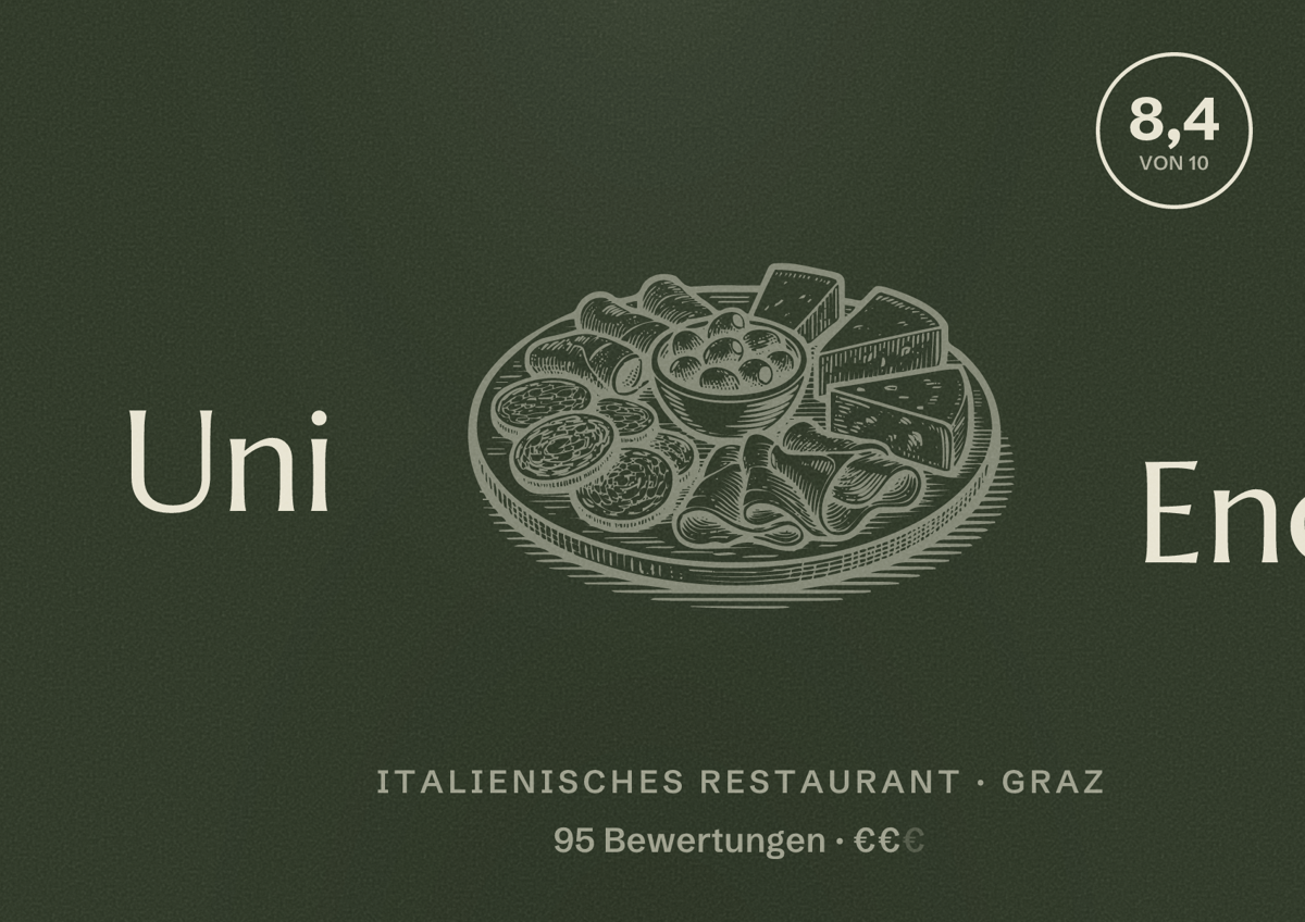 Illustriertes Poster von Uni Eno, Italienisches Restaurant in Graz: Bewertung 8,4 von 10 aus 95 Bewertungen, Preisniveau €€