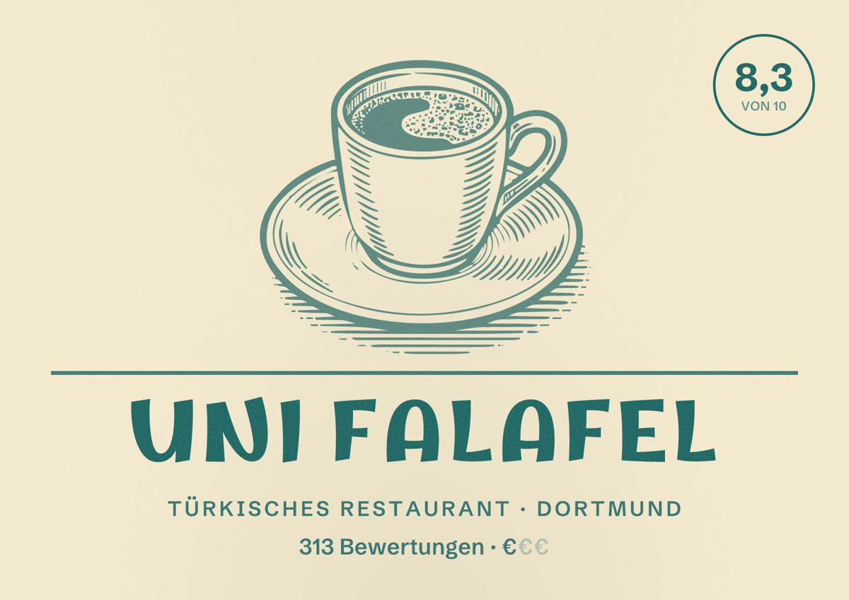 Illustriertes Poster von Uni Falafel, Türkisches Restaurant in Dortmund: Bewertung 8,3 von 10 aus 313 Bewertungen, Preisniveau €