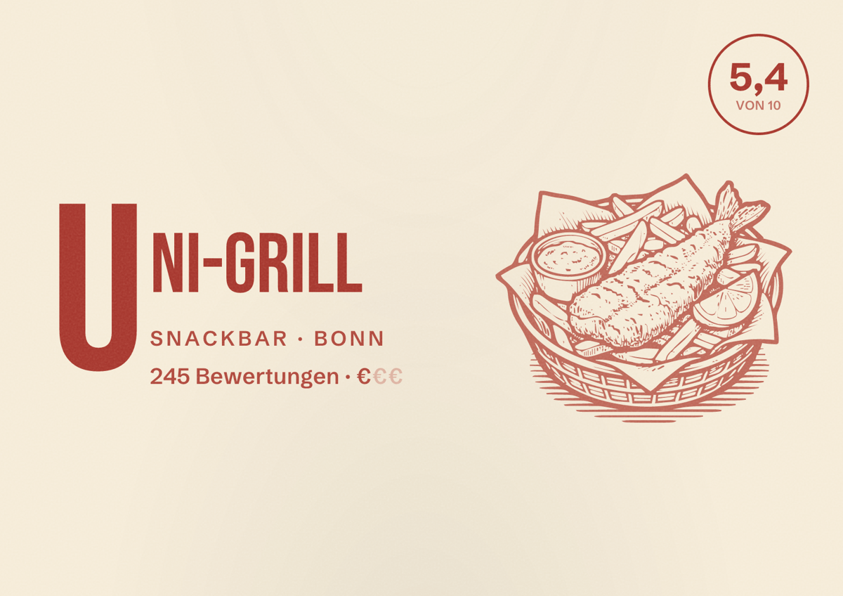 Illustriertes Poster von Uni-Grill, Snackbar in Bonn: Bewertung 5,4 von 10 aus 245 Bewertungen, Preisniveau €