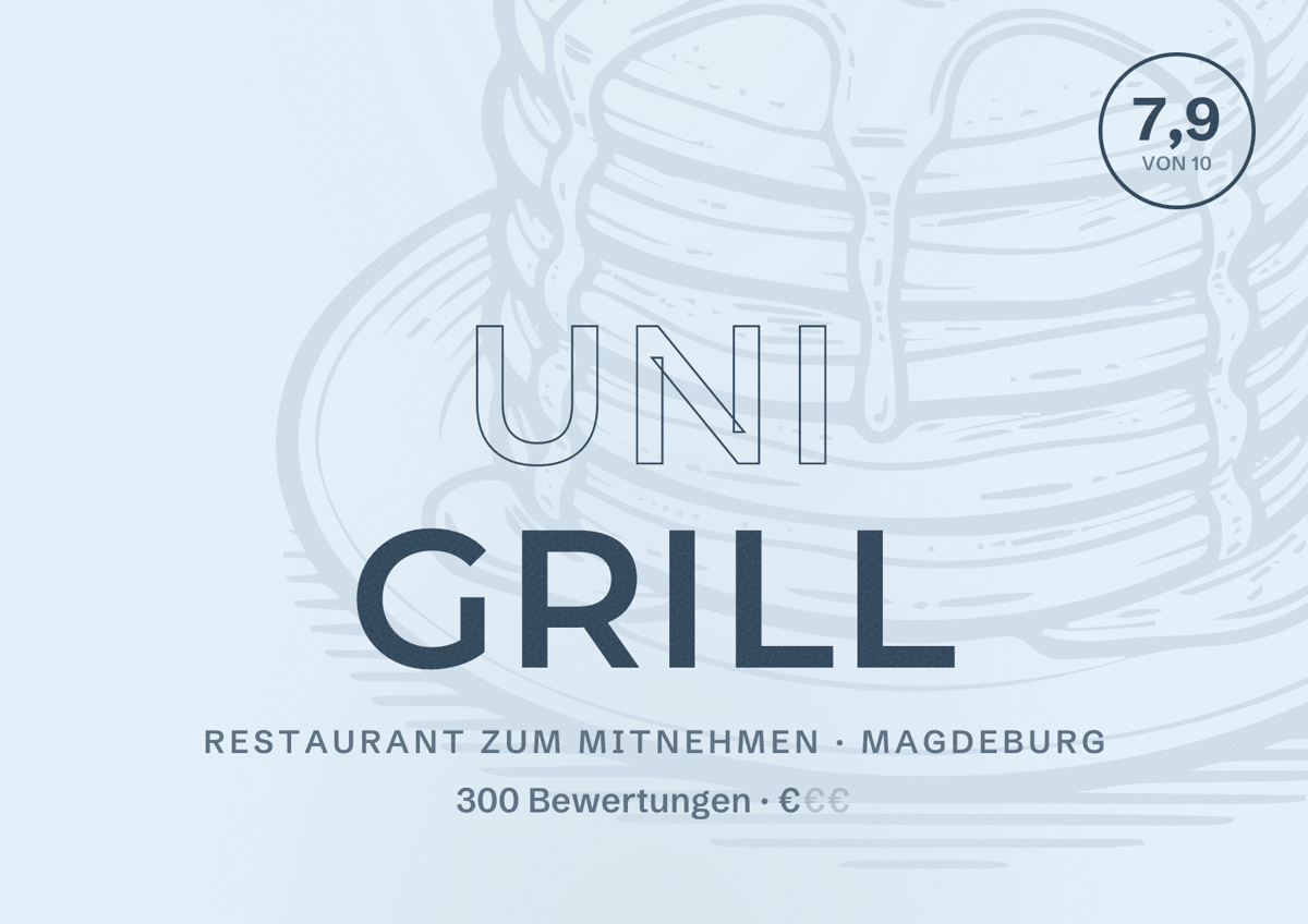 Illustriertes Poster von Uni Grill, Restaurant zum Mitnehmen in Magdeburg: Bewertung 7,9 von 10 aus 300 Bewertungen, Preisniveau €