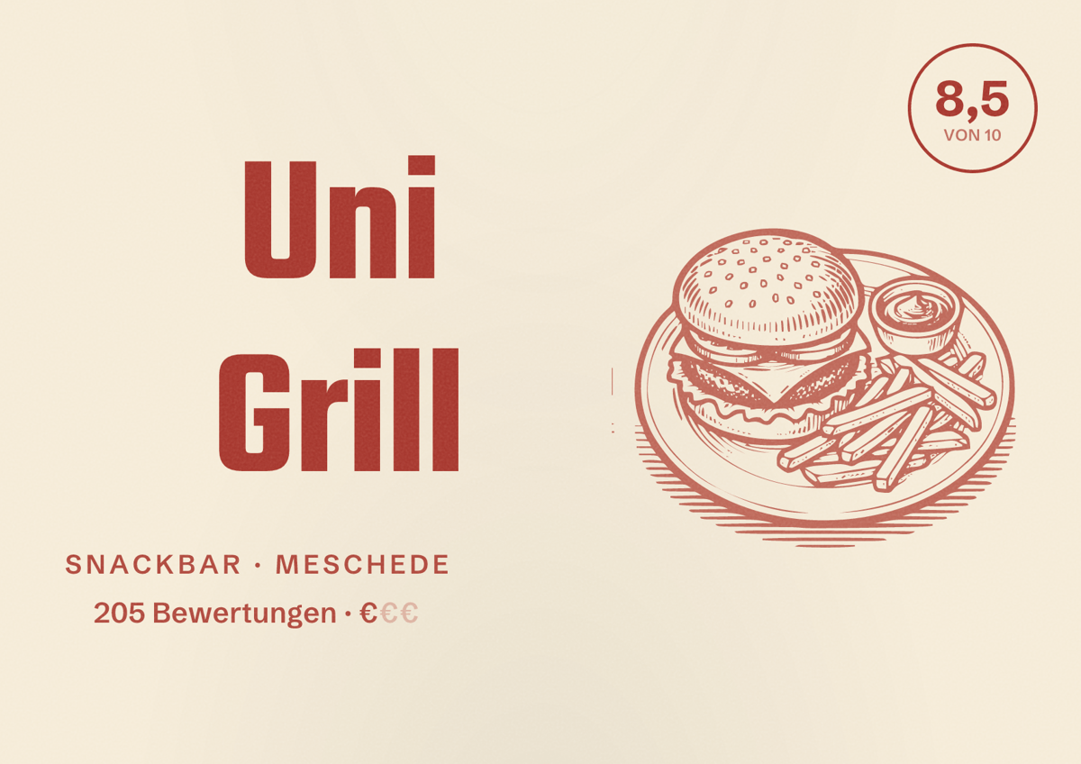 Illustriertes Poster von Uni Grill, Snackbar in Meschede: Bewertung 8,5 von 10 aus 205 Bewertungen, Preisniveau €