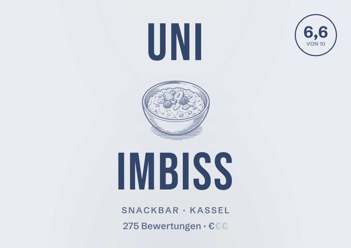 Illustriertes Poster von Uni Imbiss, Snackbar in Kassel: Bewertung 6,6 von 10 aus 275 Bewertungen, Preisniveau €