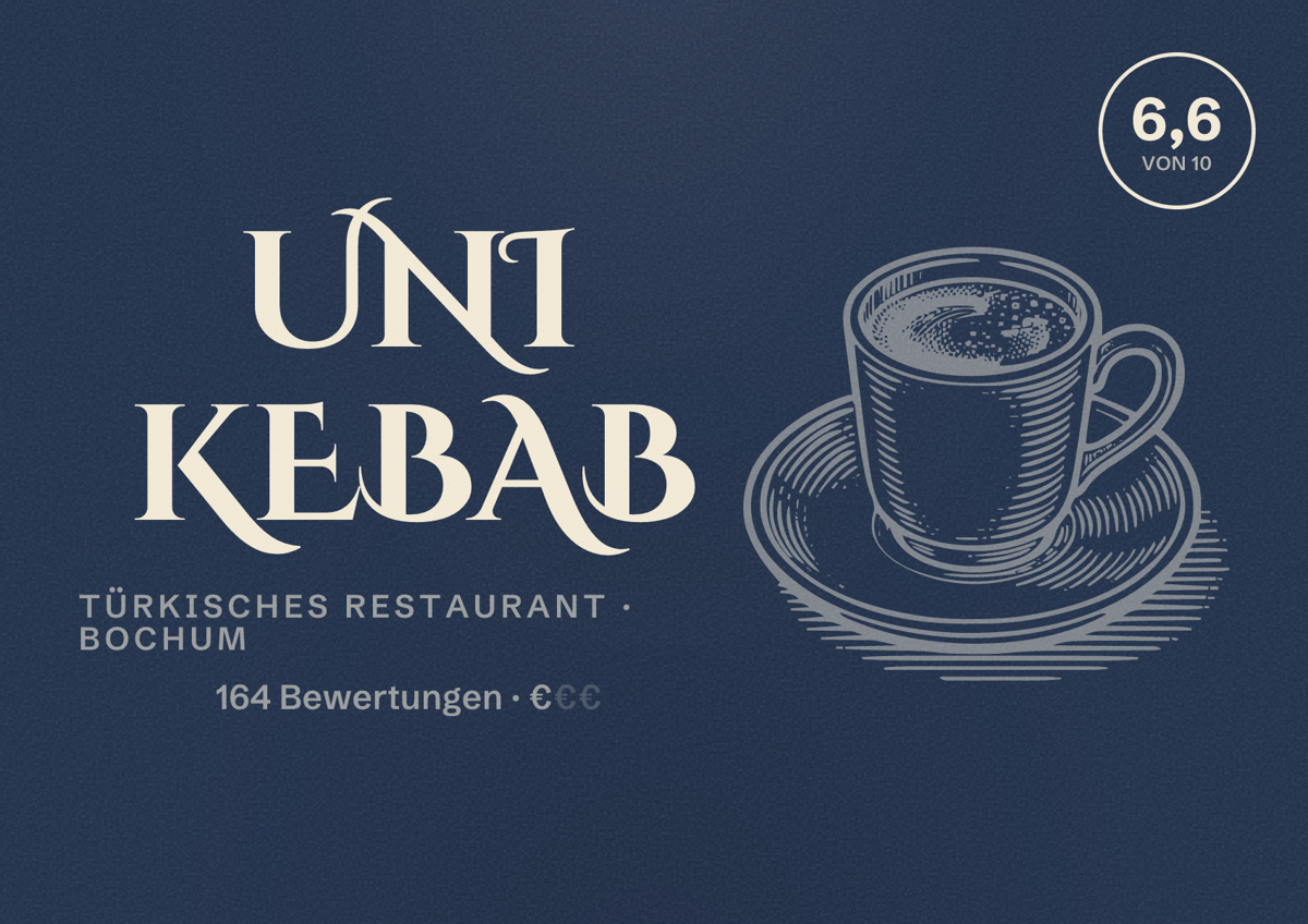 Illustriertes Poster von Uni Kebab, Türkisches Restaurant in Bochum: Bewertung 6,6 von 10 aus 164 Bewertungen, Preisniveau €