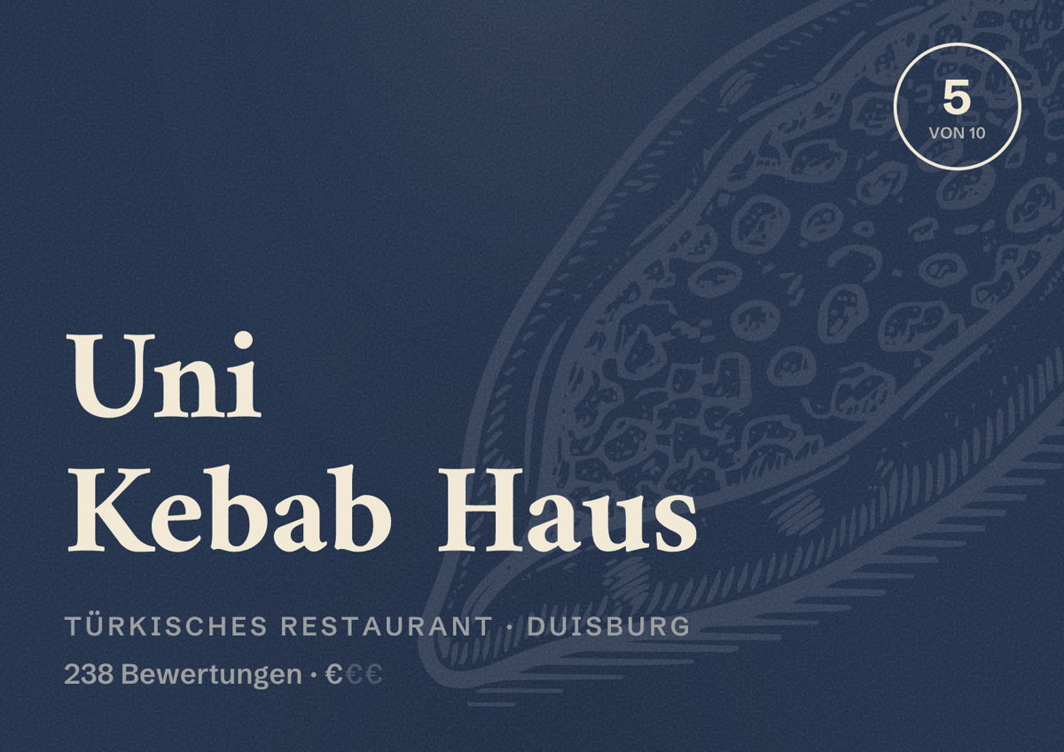 Illustriertes Poster von Uni Kebab Haus, Türkisches Restaurant in Duisburg: Bewertung 5 von 10 aus 238 Bewertungen, Preisniveau €