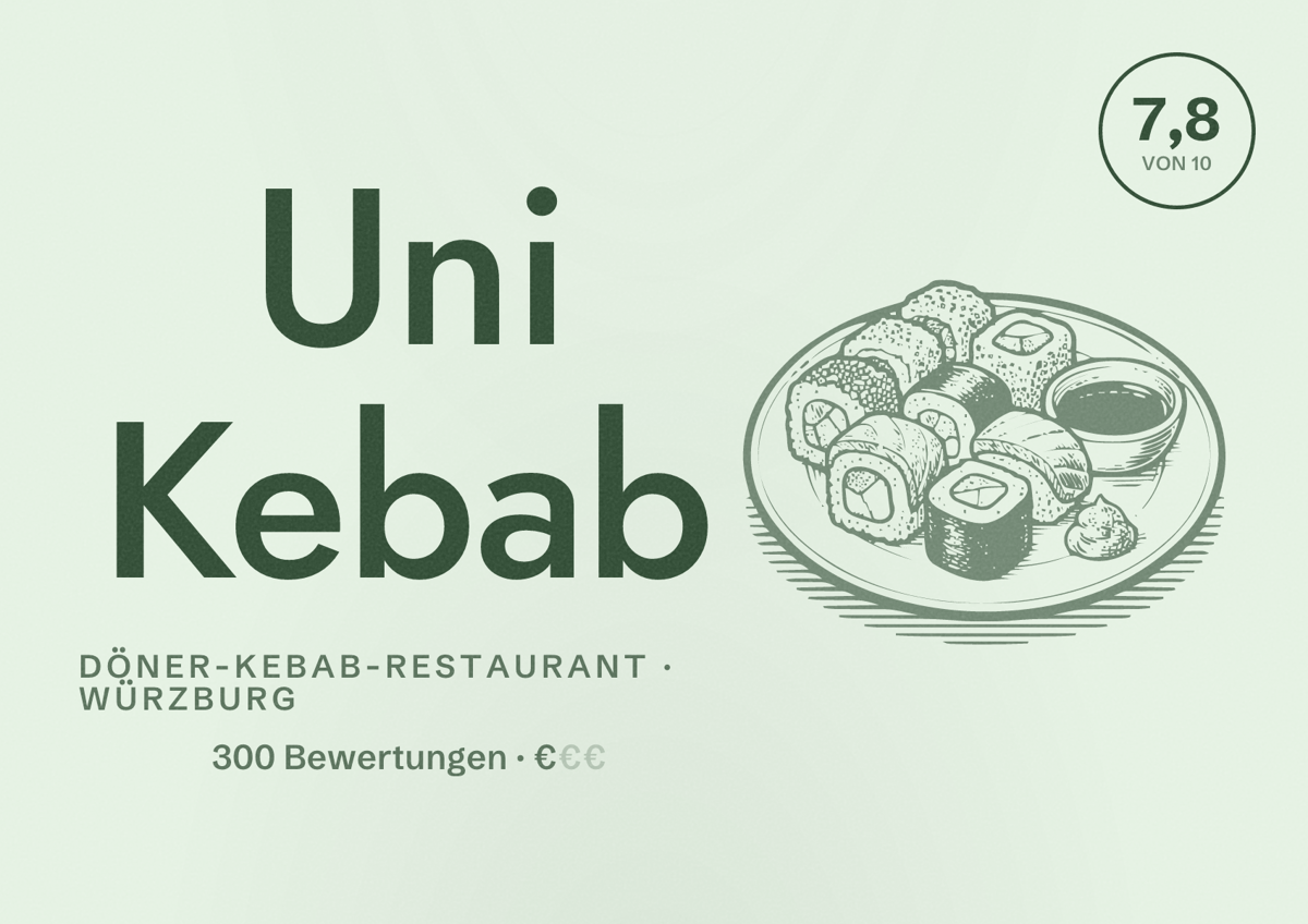 Illustriertes Poster von Uni Kebab, Döner-Kebab-Restaurant in Würzburg: Bewertung 7,8 von 10 aus 300 Bewertungen, Preisniveau €