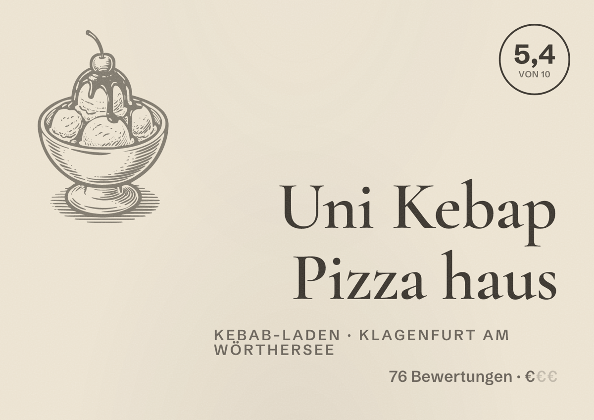 Illustriertes Poster von Uni Kebap Pizza haus, Kebab-Laden in Klagenfurt am Wörthersee: Bewertung 5,4 von 10 aus 76 Bewertungen, Preisniveau €