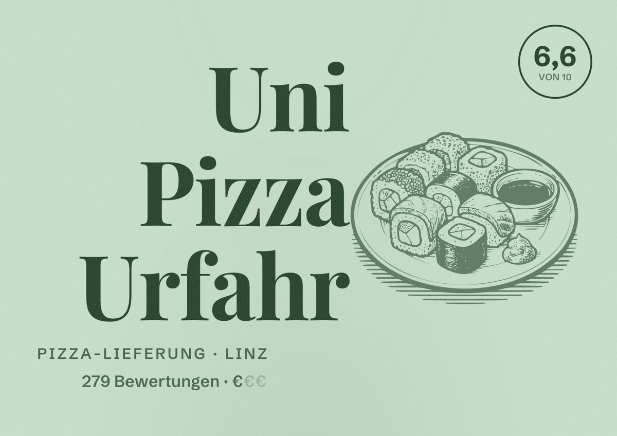 Illustriertes Poster von Uni Pizza Urfahr, Pizza-Lieferung in Linz: Bewertung 6,6 von 10 aus 279 Bewertungen, Preisniveau €