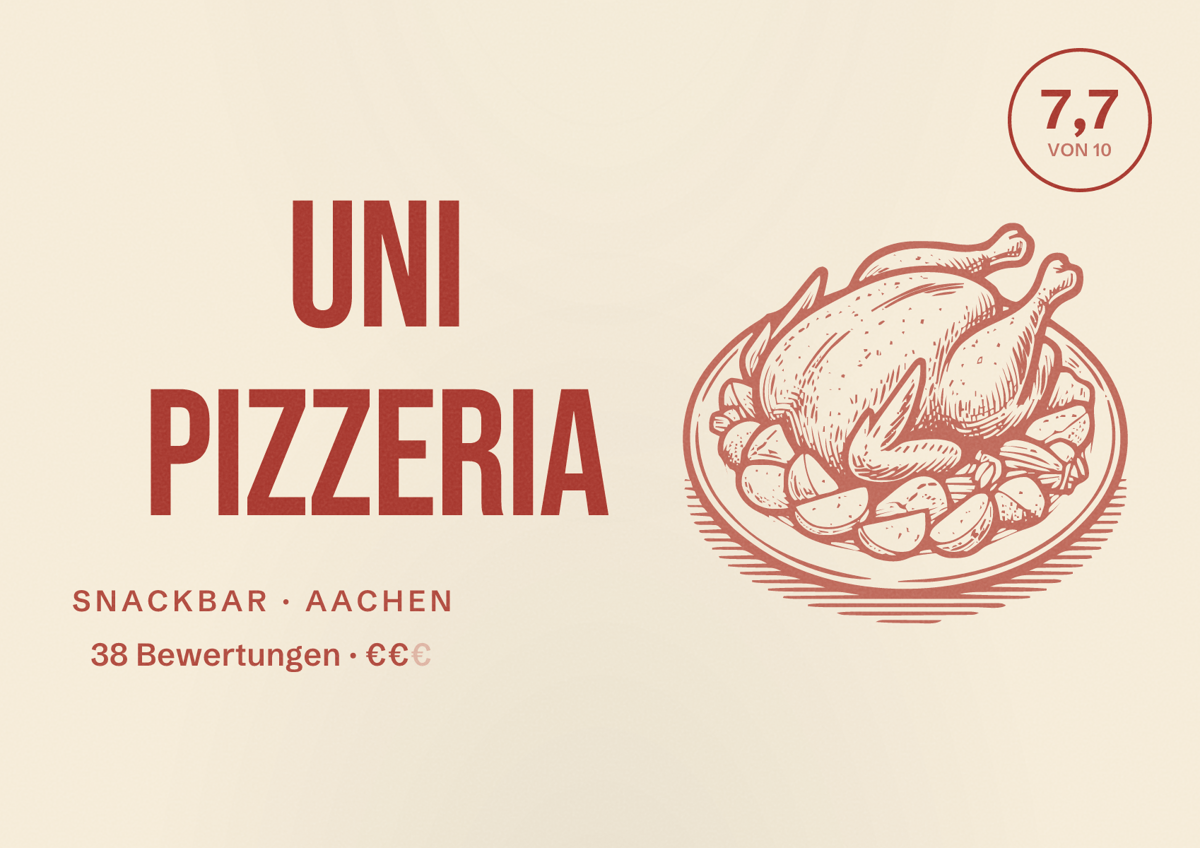 Illustriertes Poster von Uni Pizzeria, Snackbar in Aachen: Bewertung 7,7 von 10 aus 38 Bewertungen, Preisniveau €€