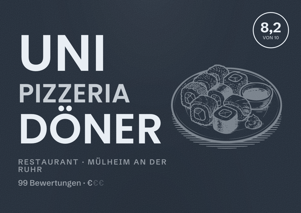Illustriertes Poster von Uni pizzeria Döner, Restaurant in Mülheim an der Ruhr: Bewertung 8,2 von 10 aus 99 Bewertungen, Preisniveau €