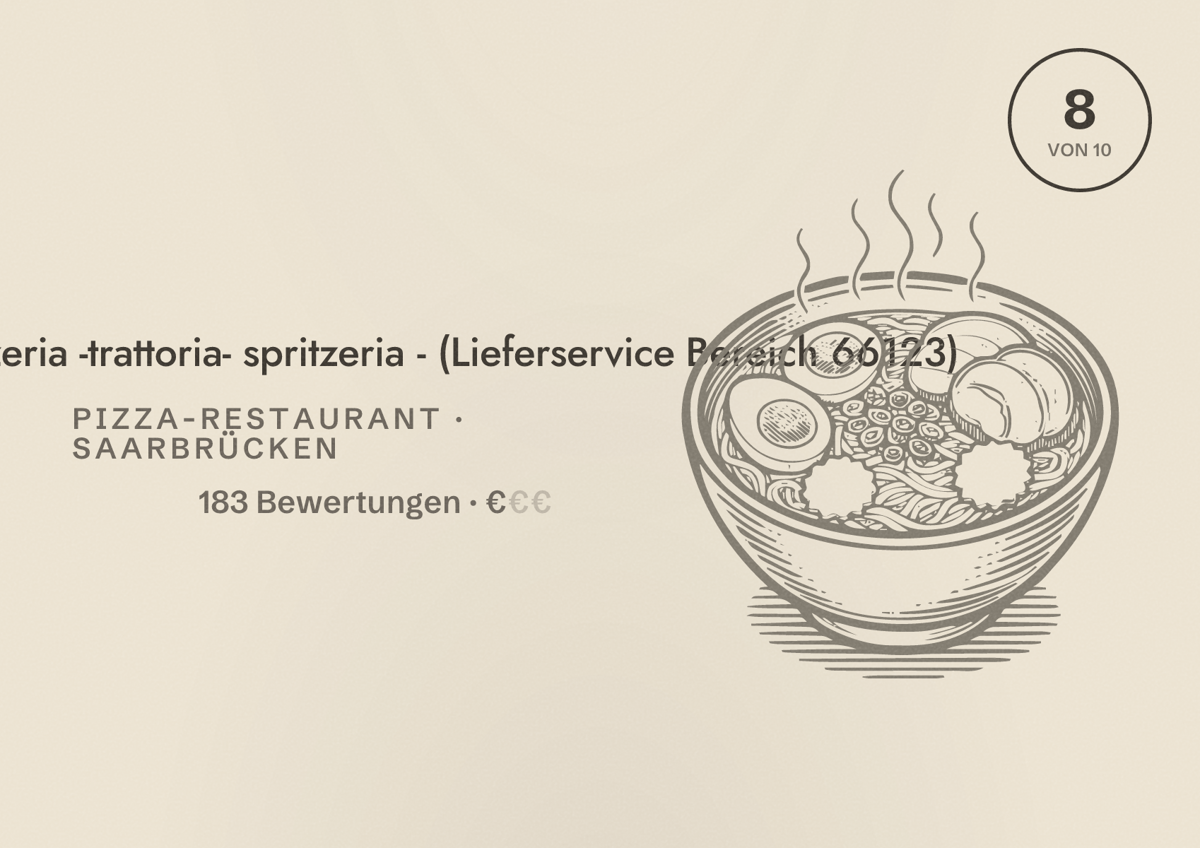 Illustriertes Poster von UNICA pizzeria -trattoria- spritzeria - (Lieferservice Bereich 66123), Pizza-Restaurant in Saarbrücken: Bewertung 8,0 von 10 aus 183 Bewertungen, Preisniveau €