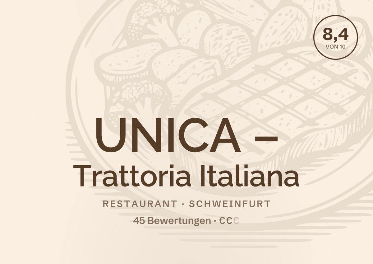 Illustriertes Poster von UNICA – Trattoria Italiana, Restaurant in Schweinfurt: Bewertung 8,4 von 10 aus 45 Bewertungen, Preisniveau €€