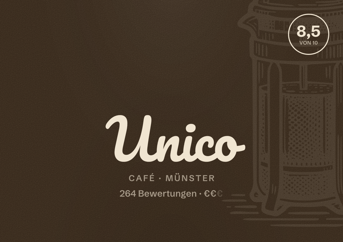 Illustriertes Poster von Unico, Café in Münster: Bewertung 8,5 von 10 aus 264 Bewertungen, Preisniveau €€