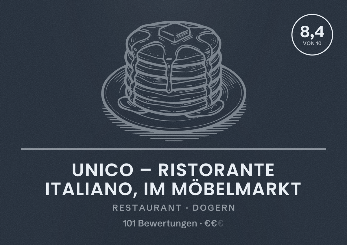 Illustriertes Poster von Unico – Ristorante Italiano, im Möbelmarkt, Restaurant in Dogern: Bewertung 8,4 von 10 aus 101 Bewertungen, Preisniveau €€