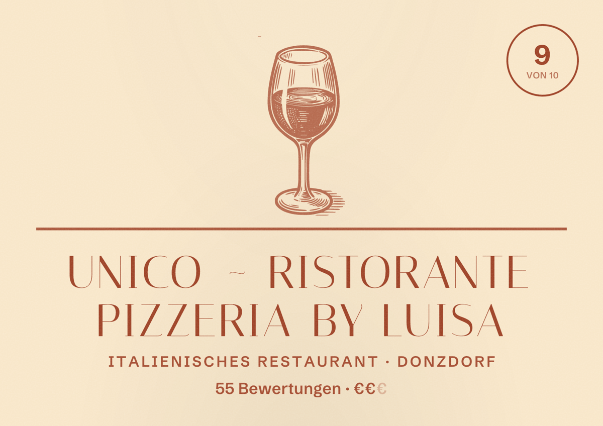 Illustriertes Poster von Unico ~ Ristorante Pizzeria by Luisa, Italienisches Restaurant in Donzdorf: Bewertung 9 von 10 aus 55 Bewertungen, Preisniveau €€