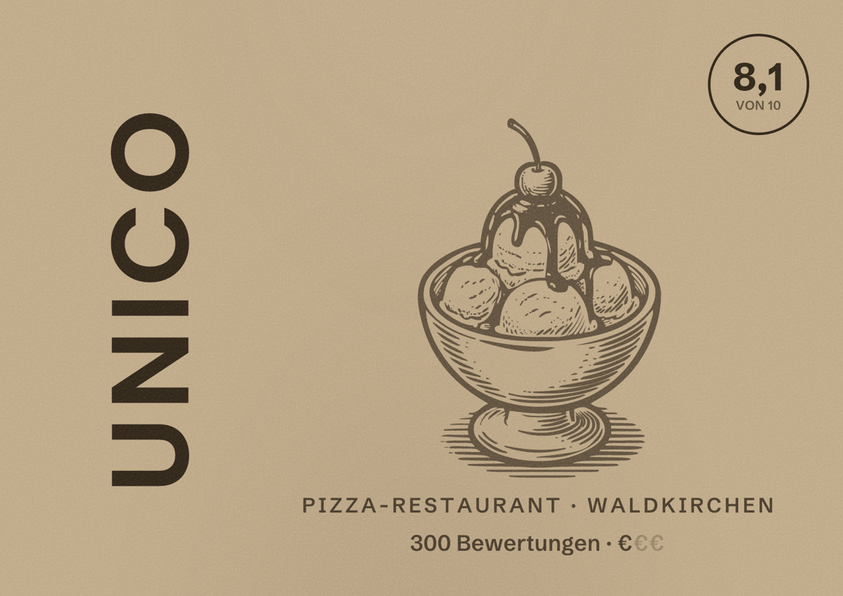 Illustriertes Poster von UNICO, Pizza-Restaurant in Waldkirchen: Bewertung 8,1 von 10 aus 300 Bewertungen, Preisniveau €