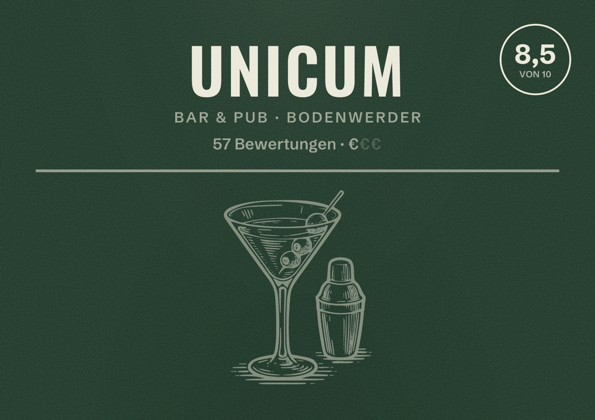 Illustriertes Poster von Unicum, Bar & Pub in Bodenwerder: Bewertung 8,5 von 10 aus 57 Bewertungen, Preisniveau €