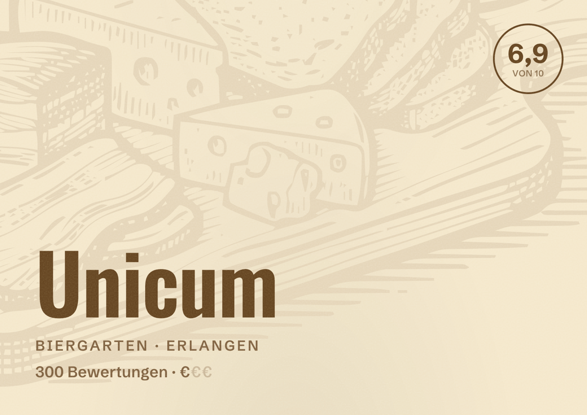 Illustriertes Poster von Unicum, Biergarten in Erlangen: Bewertung 6,9 von 10 aus 300 Bewertungen, Preisniveau €