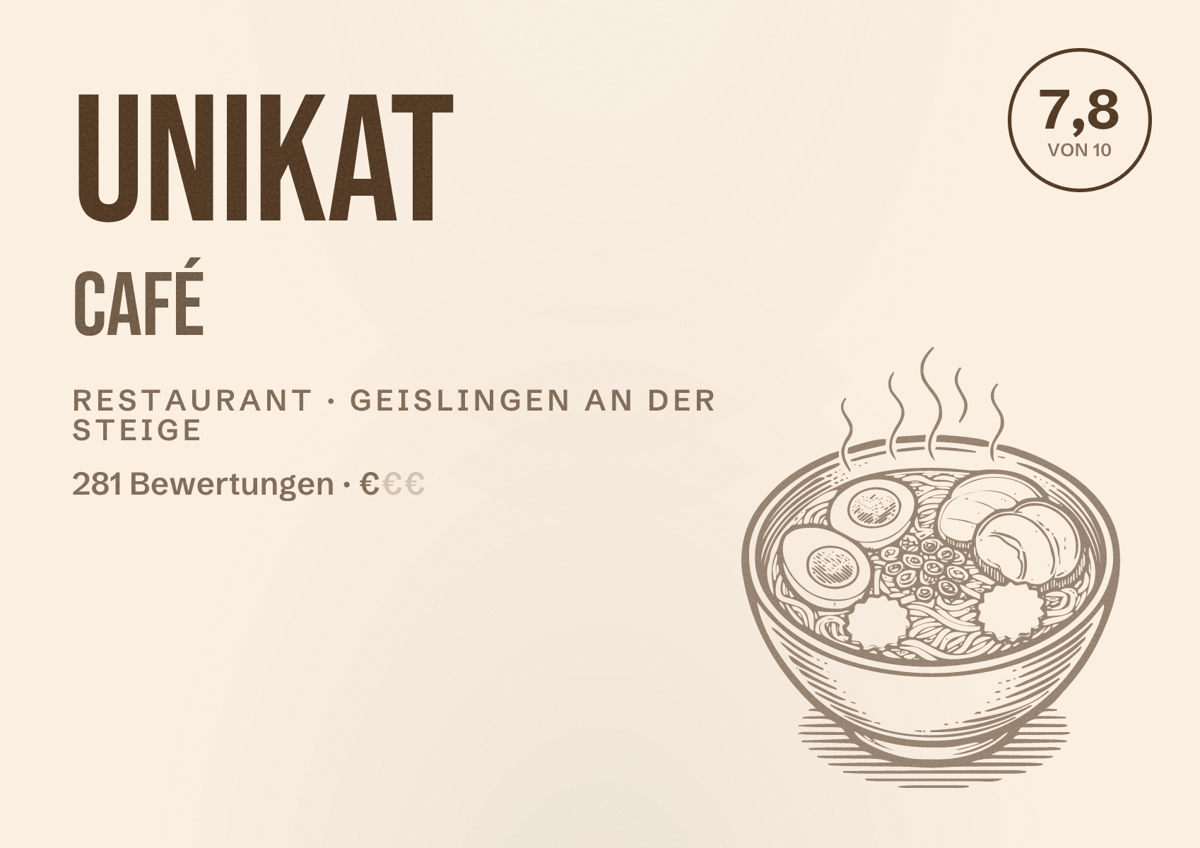 Illustriertes Poster von Unikat Café, Restaurant in Geislingen an der Steige: Bewertung 7,8 von 10 aus 281 Bewertungen, Preisniveau €