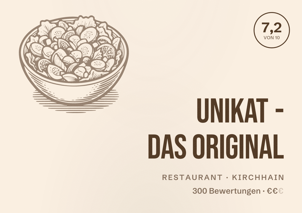 Illustriertes Poster von UNIKAT - das Original, Restaurant in Kirchhain: Bewertung 7,2 von 10 aus 300 Bewertungen, Preisniveau €€
