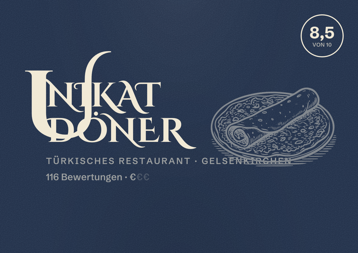 Illustriertes Poster von UNIKAT DÖNER, Türkisches Restaurant in Gelsenkirchen: Gästebewertung 8,5 von 10 aus 116 Bewertungen
